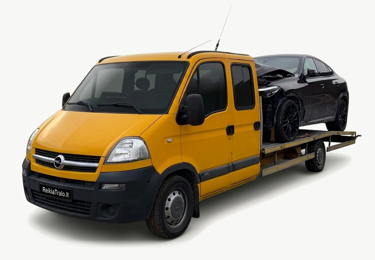 ReikiaTralo.lt yellow Opel Movano double-cab flatbed transporting a car